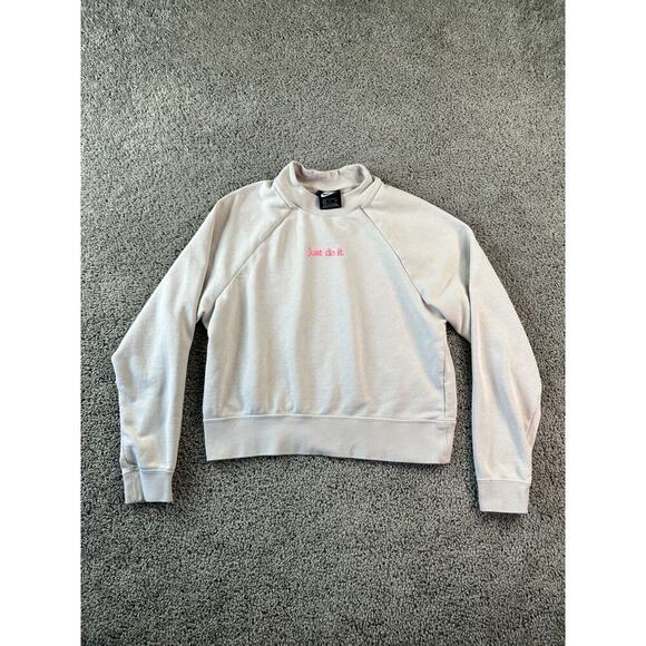 Nike Sportswear Sweatshirt Womens Small Beige Pink Newsprint Just Do It FLAW - Picture 1 of 14